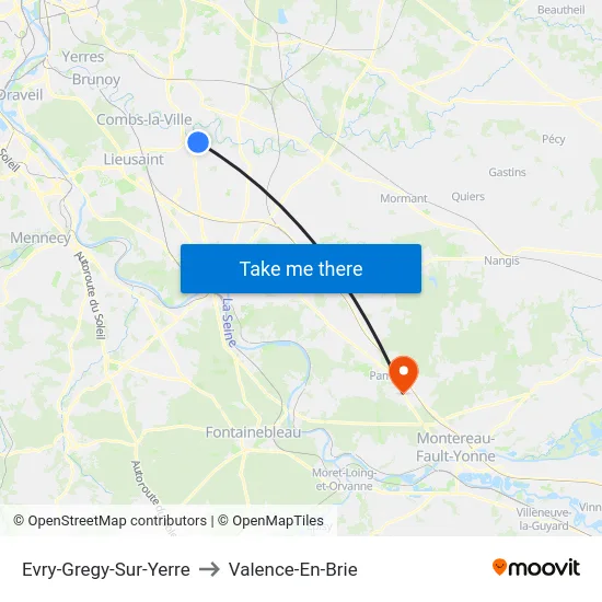 Evry-Gregy-Sur-Yerre to Valence-En-Brie map