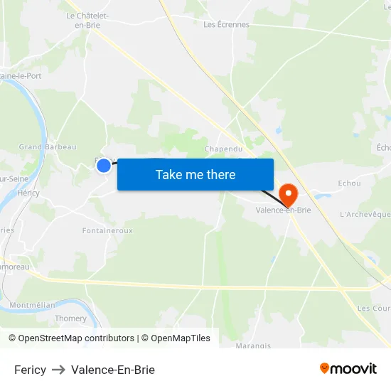 Fericy to Valence-En-Brie map