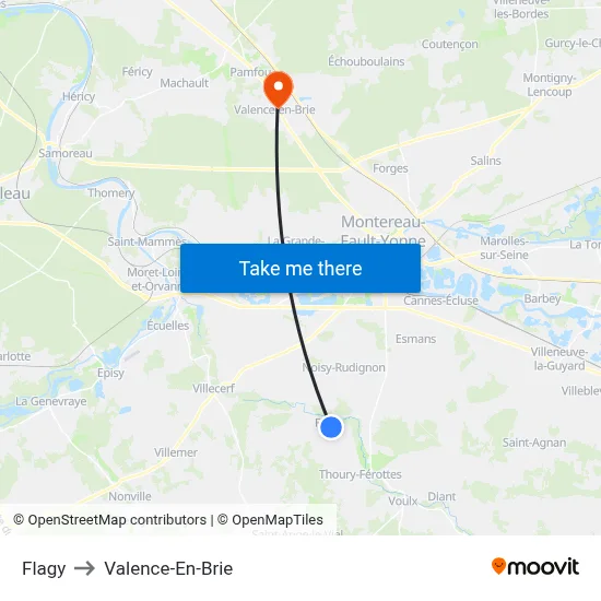 Flagy to Valence-En-Brie map