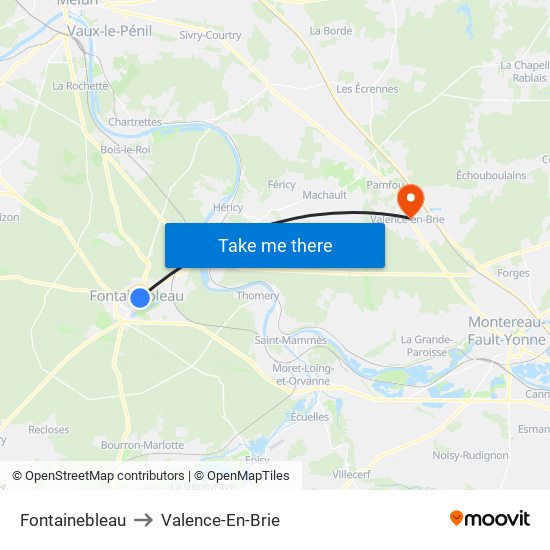 Fontainebleau to Valence-En-Brie map