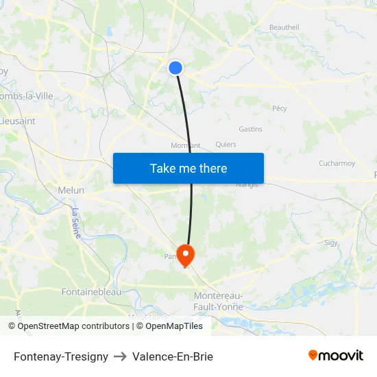 Fontenay-Tresigny to Valence-En-Brie map