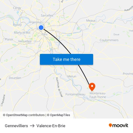 Gennevilliers to Valence-En-Brie map