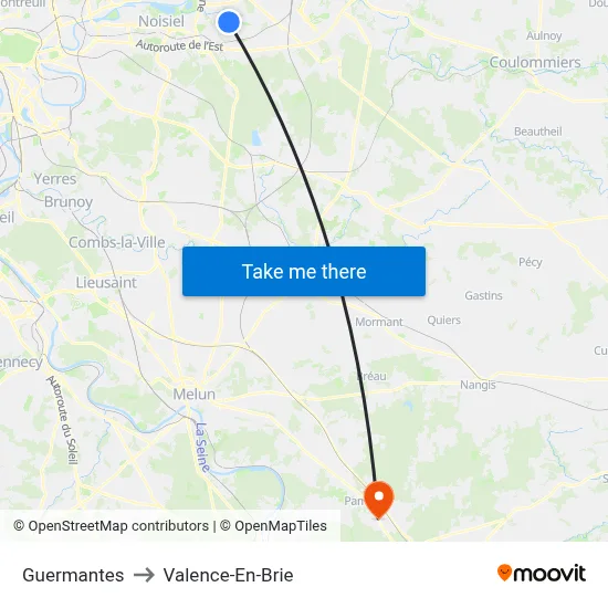 Guermantes to Valence-En-Brie map