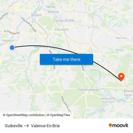 Guibeville to Valence-En-Brie map