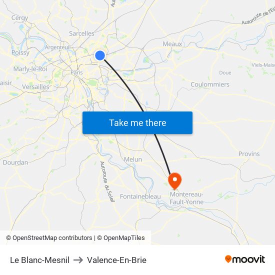 Le Blanc-Mesnil to Valence-En-Brie map
