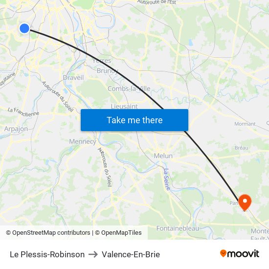 Le Plessis-Robinson to Valence-En-Brie map