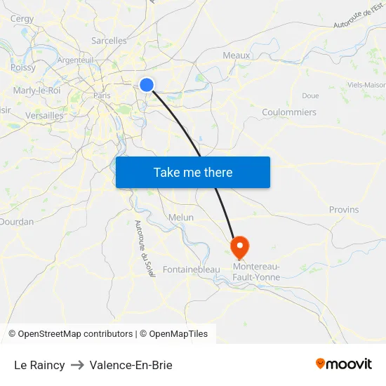 Le Raincy to Valence-En-Brie map