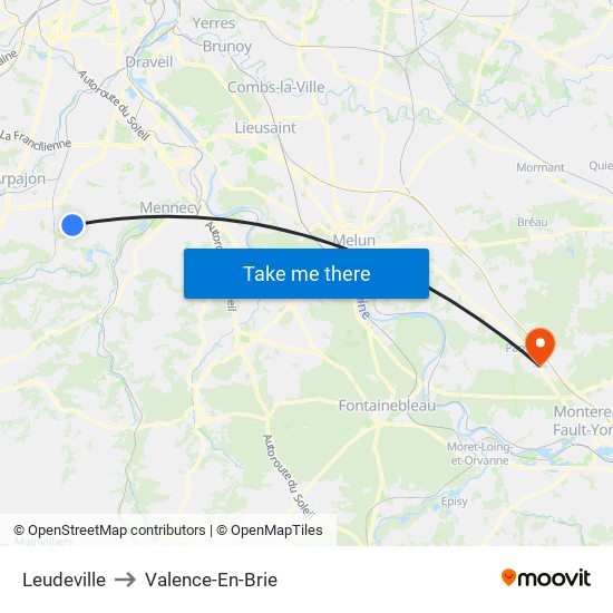 Leudeville to Valence-En-Brie map