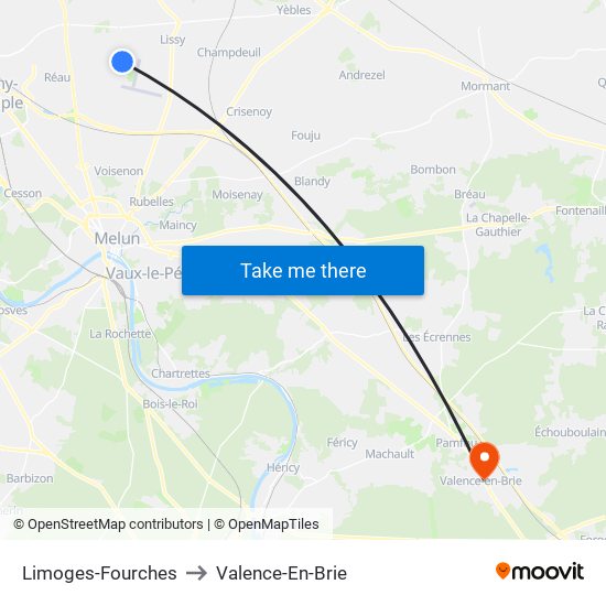 Limoges-Fourches to Valence-En-Brie map