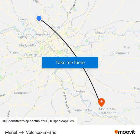 Meriel to Valence-En-Brie map