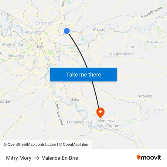 Mitry-Mory to Valence-En-Brie map