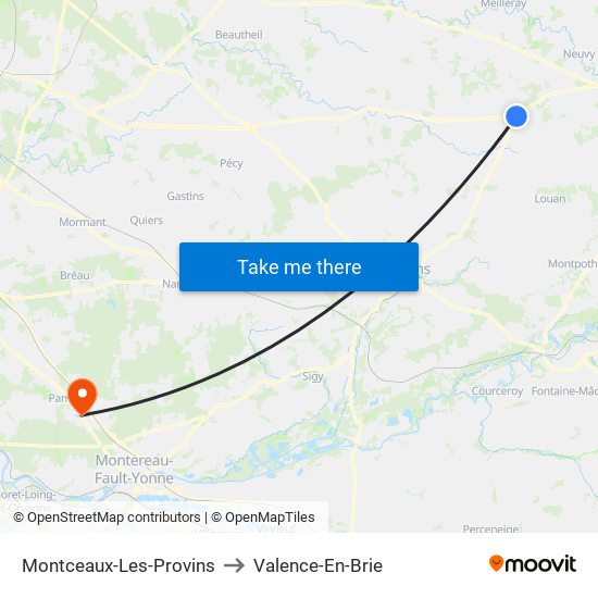 Montceaux-Les-Provins to Valence-En-Brie map