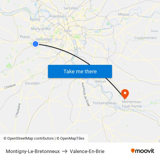 Montigny-Le-Bretonneux to Valence-En-Brie map