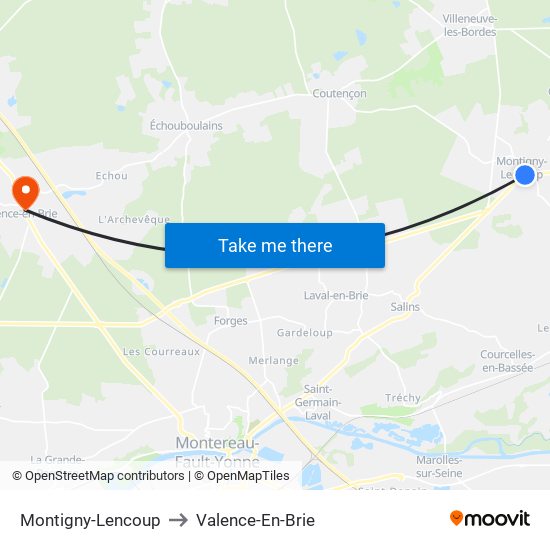 Montigny-Lencoup to Valence-En-Brie map