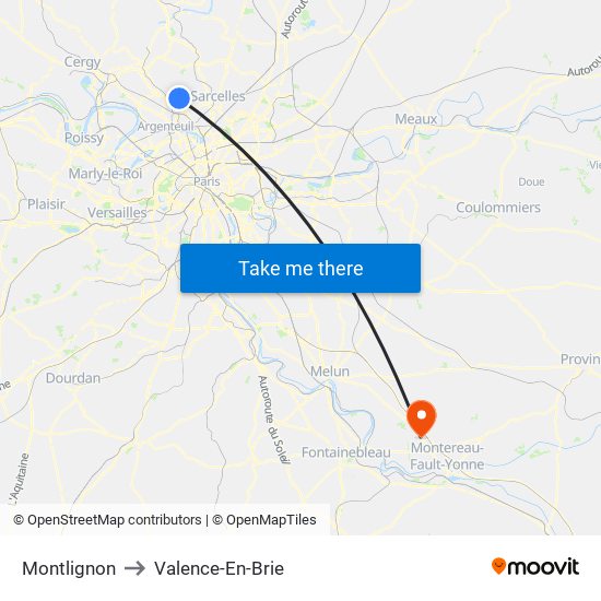 Montlignon to Valence-En-Brie map