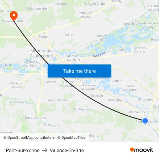 Pont-Sur-Yonne to Valence-En-Brie map