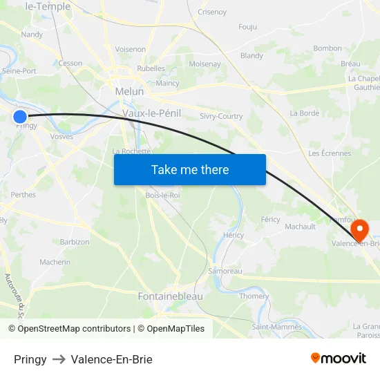 Pringy to Valence-En-Brie map
