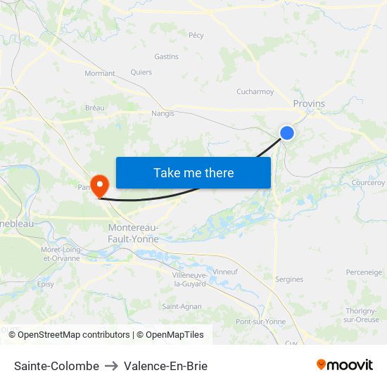 Sainte-Colombe to Valence-En-Brie map