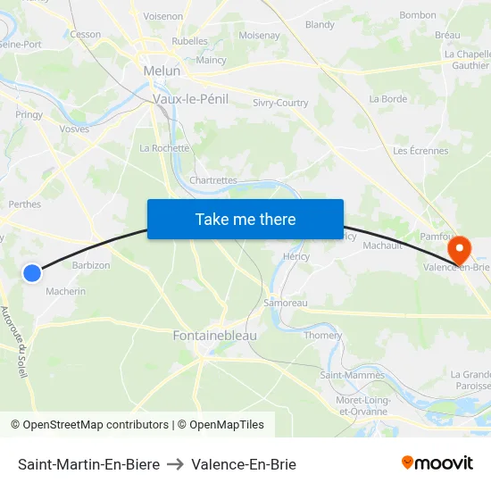 Saint-Martin-En-Biere to Valence-En-Brie map