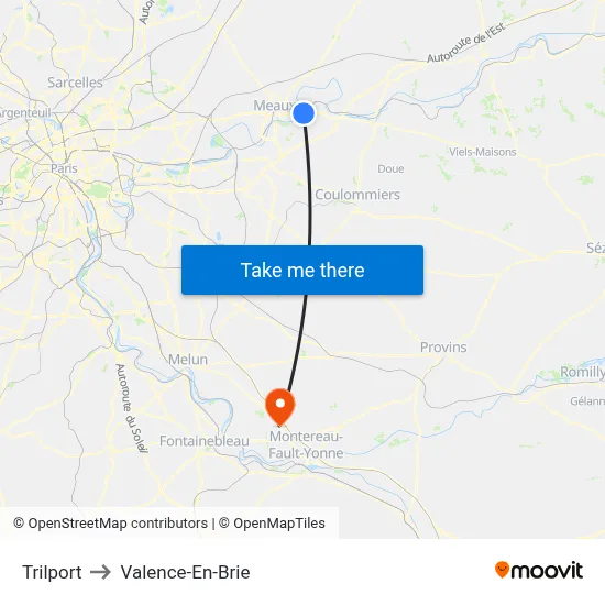 Trilport to Valence-En-Brie map