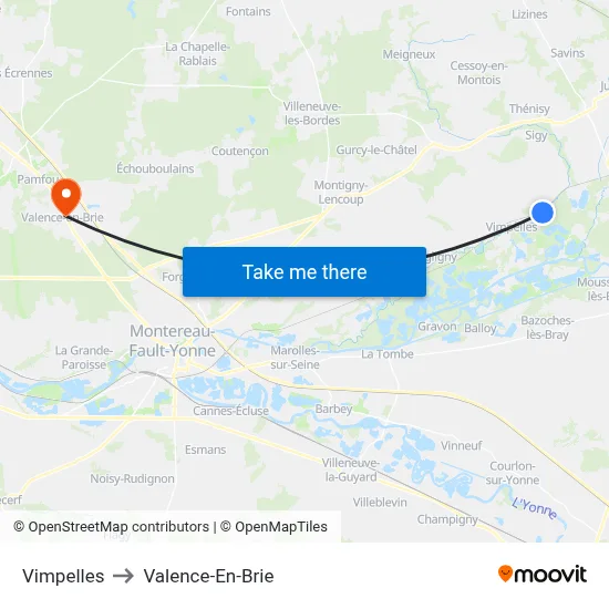 Vimpelles to Valence-En-Brie map