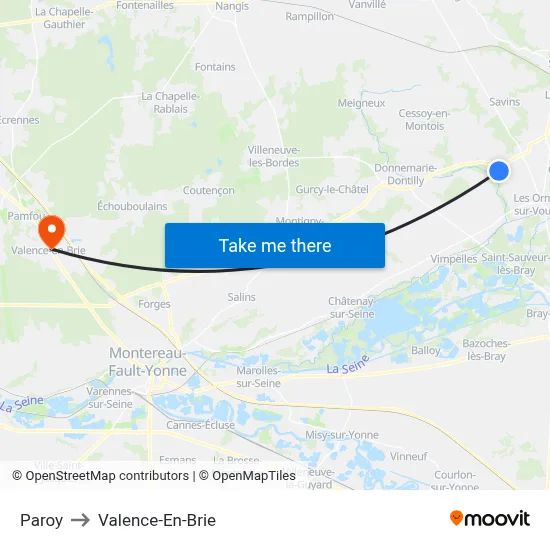 Paroy to Valence-En-Brie map