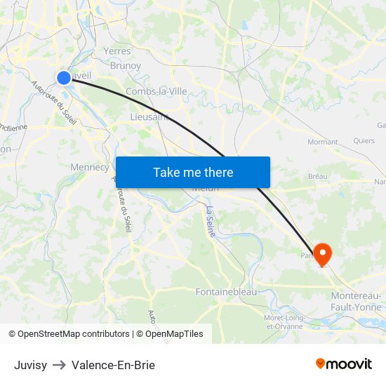 Juvisy to Valence-En-Brie map