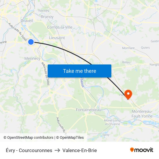 Évry - Courcouronnes to Valence-En-Brie map