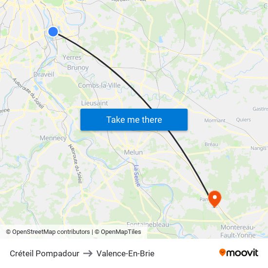 Créteil Pompadour to Valence-En-Brie map