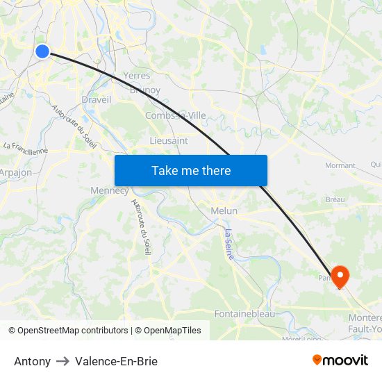 Antony to Valence-En-Brie map