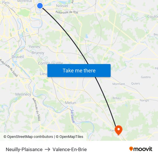 Neuilly-Plaisance to Valence-En-Brie map