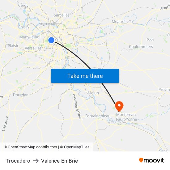 Trocadéro to Valence-En-Brie map