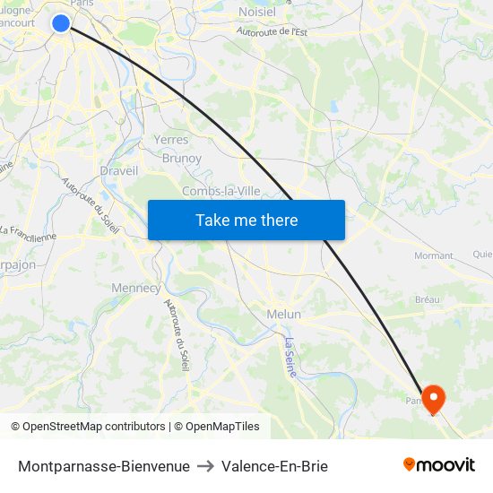 Montparnasse-Bienvenue to Valence-En-Brie map