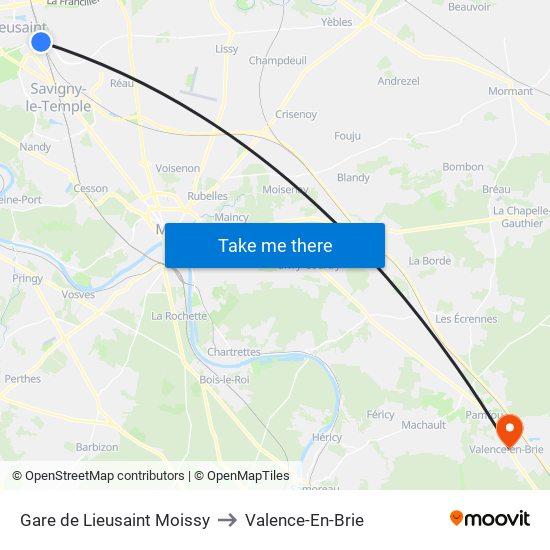 Gare de Lieusaint Moissy to Valence-En-Brie map