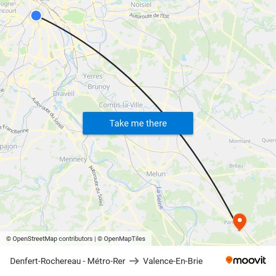 Denfert-Rochereau - Métro-Rer to Valence-En-Brie map