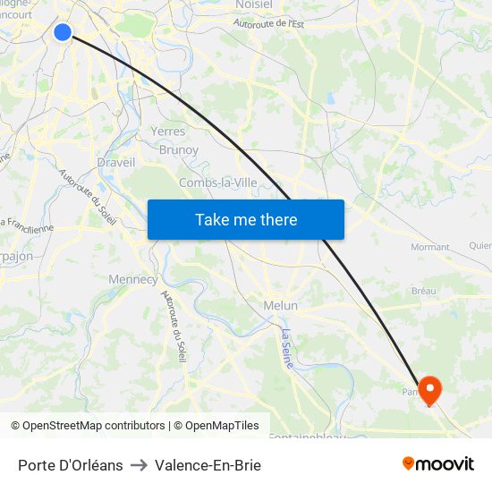 Porte D'Orléans to Valence-En-Brie map