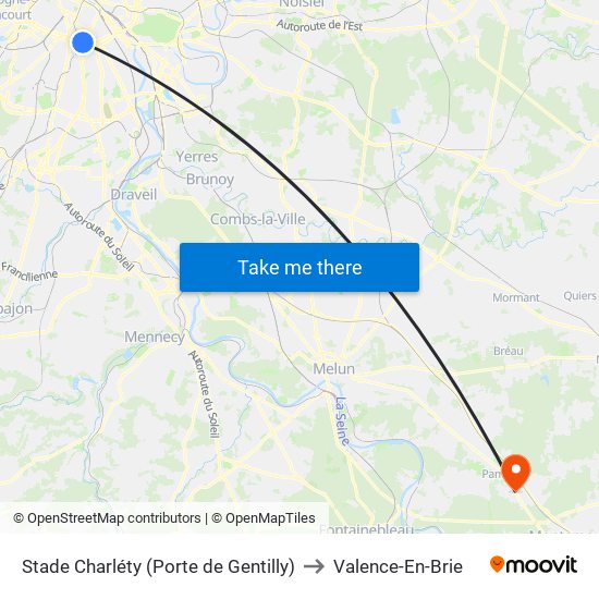 Stade Charléty (Porte de Gentilly) to Valence-En-Brie map