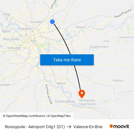 Roissypole - Aéroport Cdg1 (D1) to Valence-En-Brie map