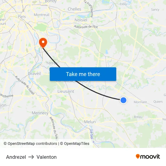 Andrezel to Valenton map