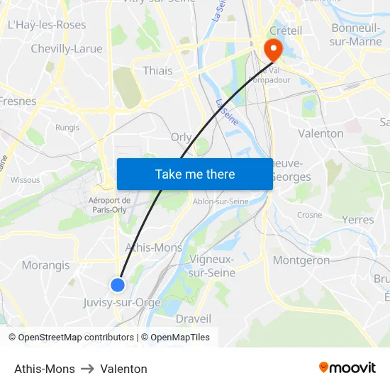 Athis-Mons to Valenton map