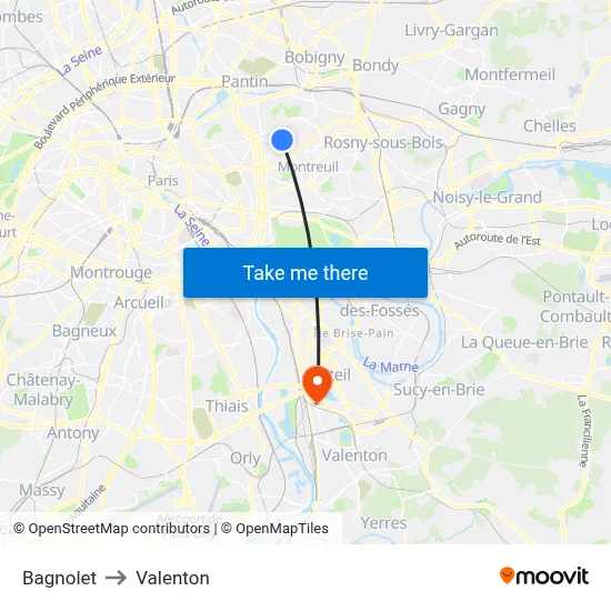 Bagnolet to Valenton map