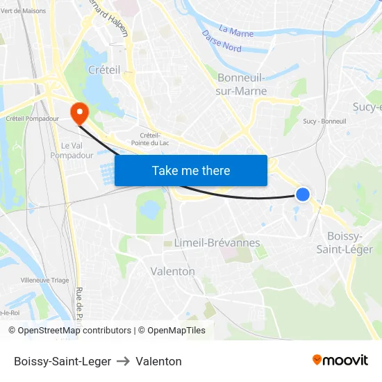 Boissy-Saint-Leger to Valenton map