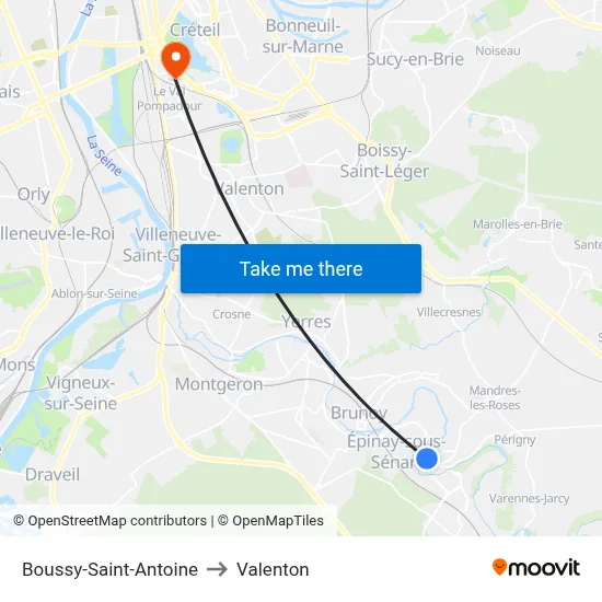Boussy-Saint-Antoine to Valenton map