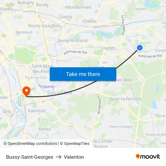 Bussy-Saint-Georges to Valenton map