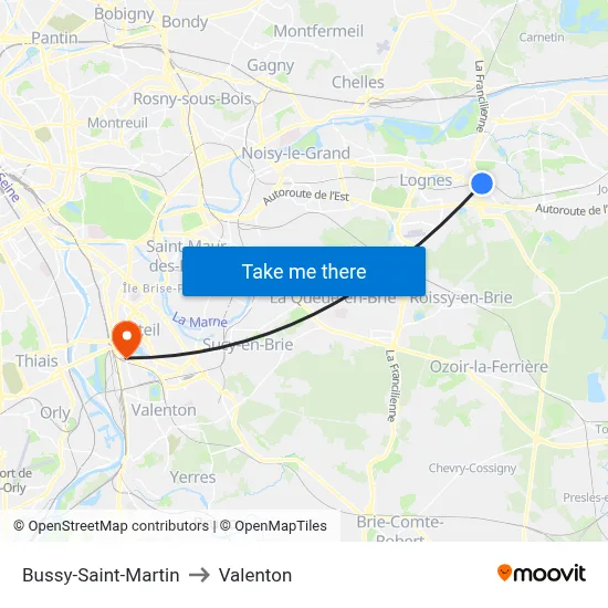 Bussy-Saint-Martin to Valenton map