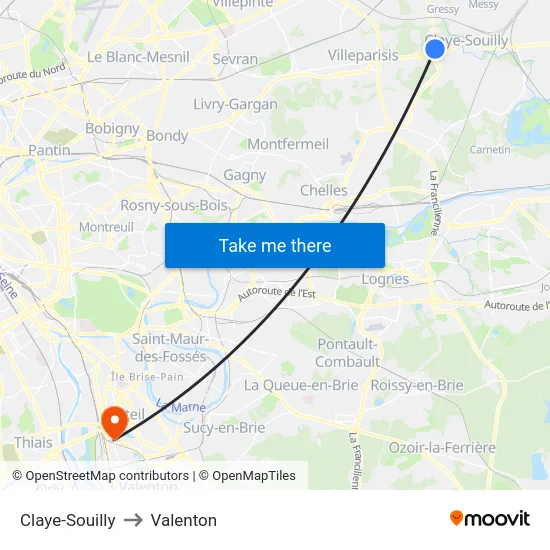 Claye-Souilly to Valenton map