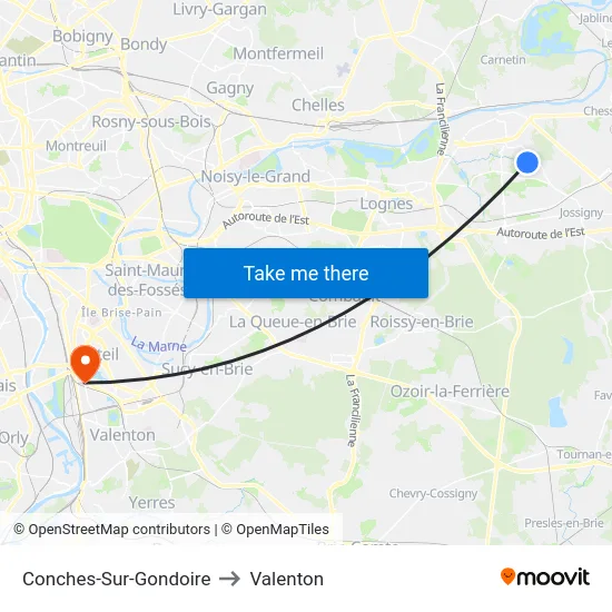 Conches-Sur-Gondoire to Valenton map
