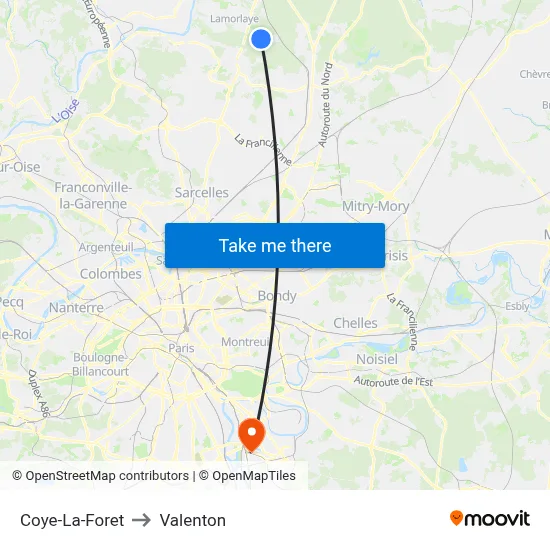 Coye-La-Foret to Valenton map