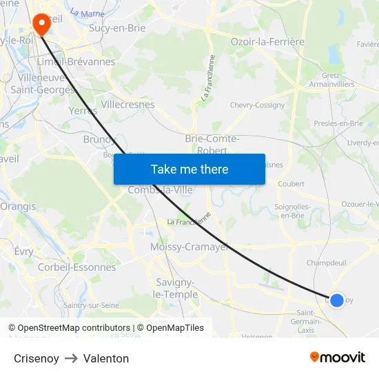 Crisenoy to Valenton map