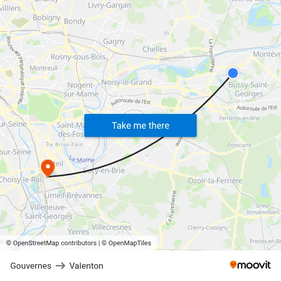 Gouvernes to Valenton map